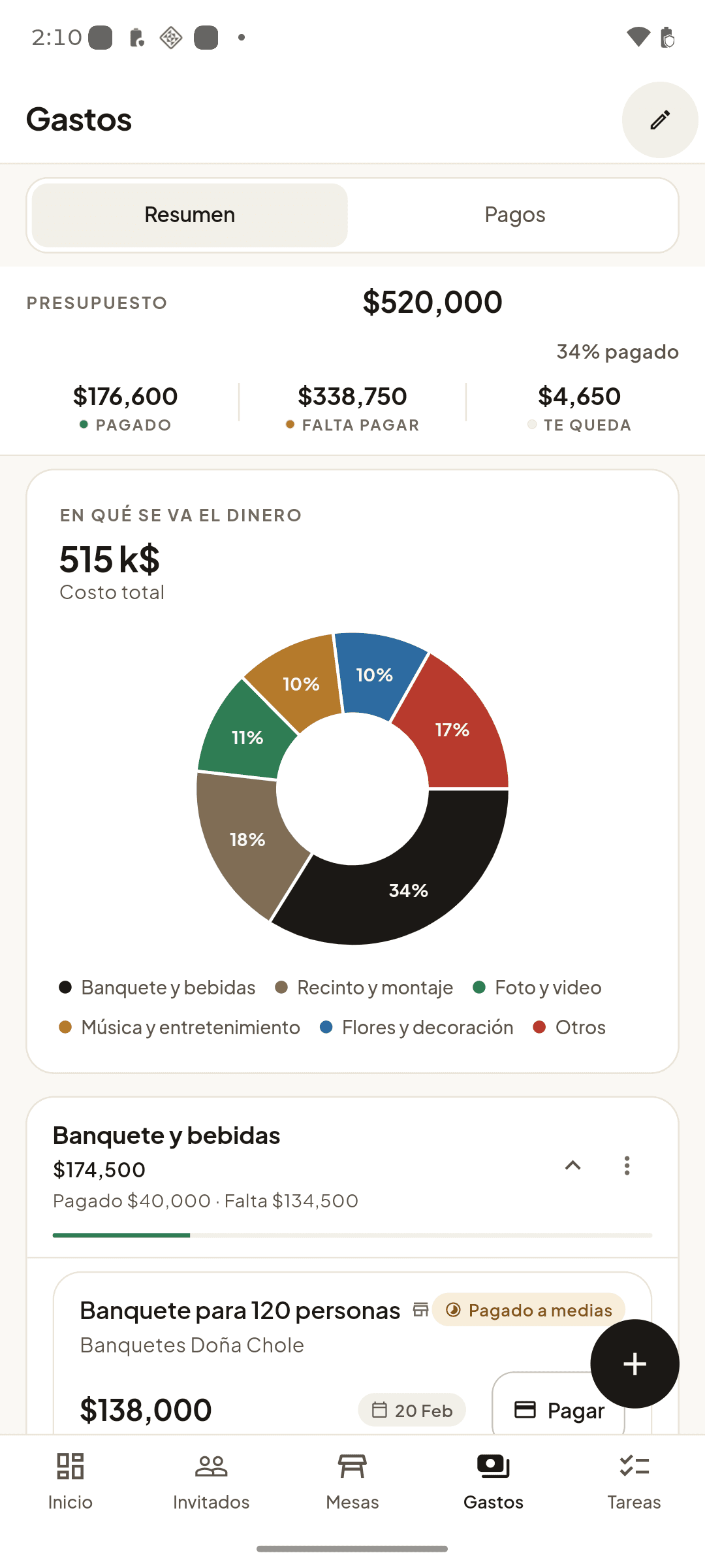 Pantalla de gastos en la app: presupuesto de 520,000, 34% pagado, y una gráfica de dona del reparto por categorías con banquete y bebidas al 34%, recinto y montaje al 18% y foto y video al 11%.